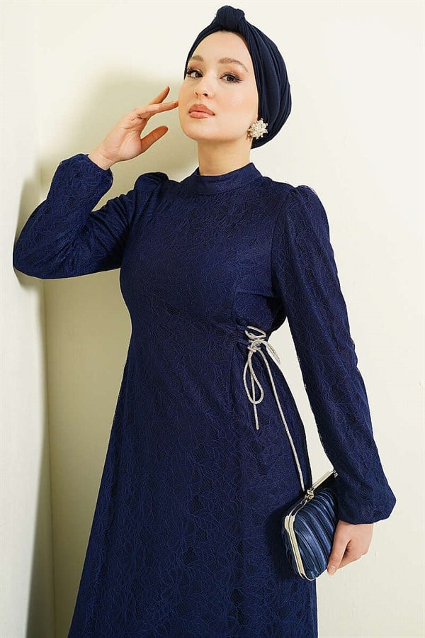 Side-Tie Lace Evening Dress Navy Blue