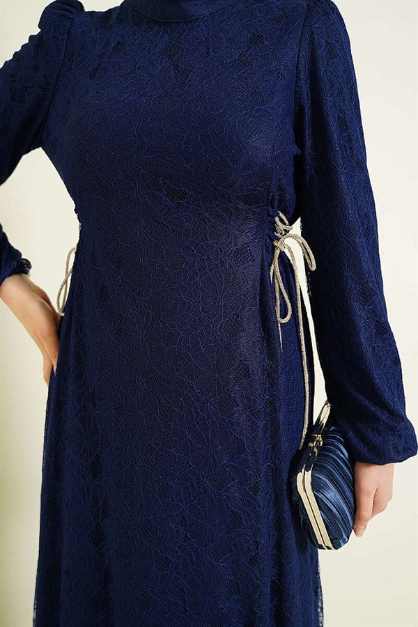 Side-Tie Lace Evening Dress Navy Blue