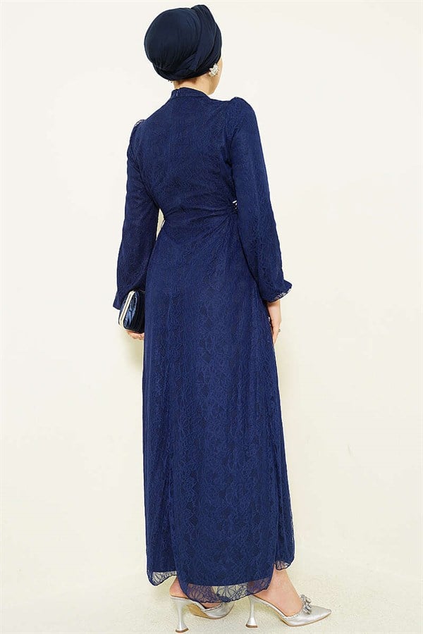 Side-Tie Lace Evening Dress Navy Blue
