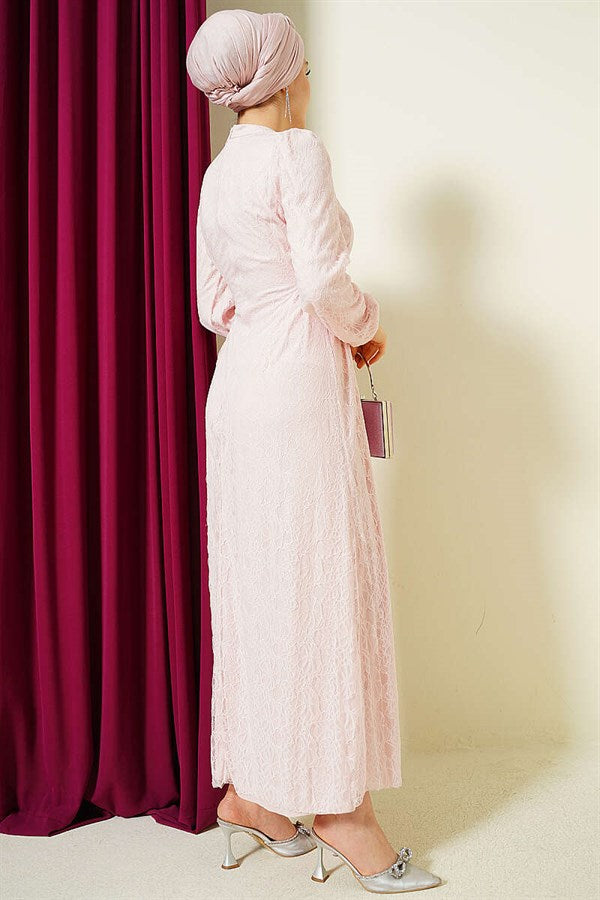 Side-Tie Lace Evening Dress in Powder Pink