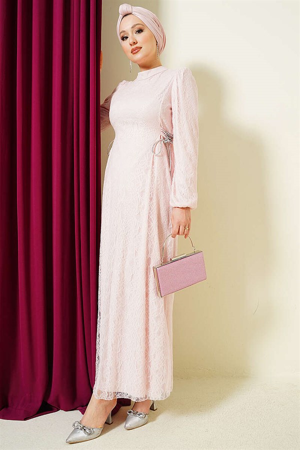 Side-Tie Lace Evening Dress in Powder Pink