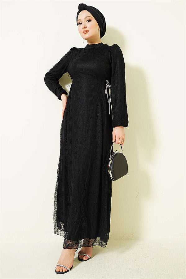 Side-Tie Lace Evening Dress, Black