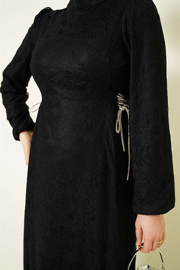 Side-Tie Lace Evening Dress, Black
