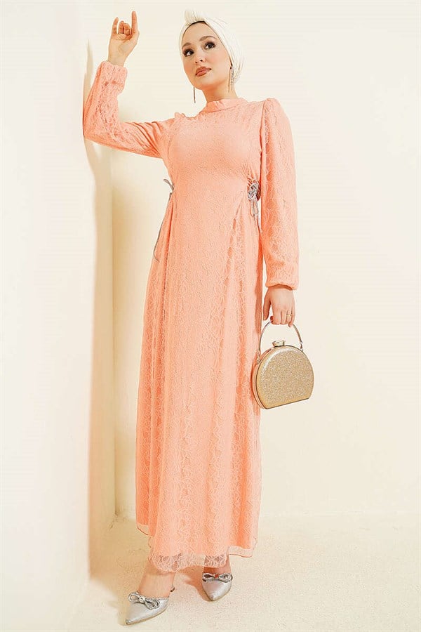 Side-Tie Lace Evening Dress, Baby Pink