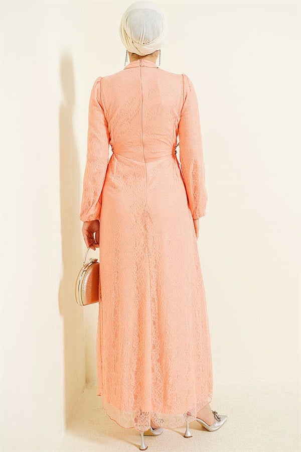 Side-Tie Lace Evening Dress, Baby Pink