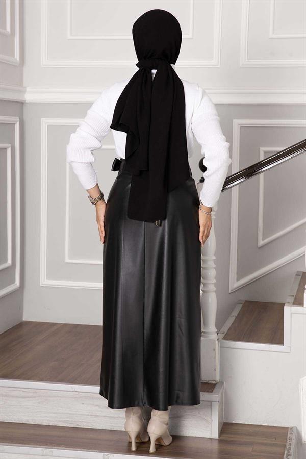 Side Tie Leather Skirt Black