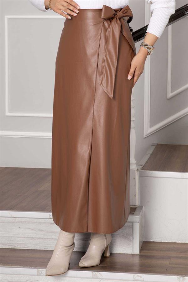 Side Tie Leather Skirt Tan