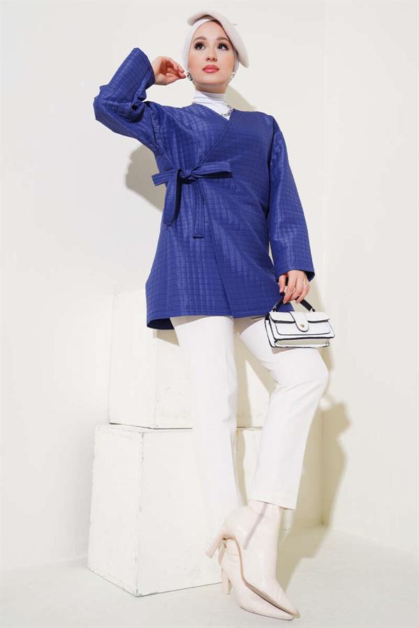 Side Tie Quilted Kimono Navy Blue