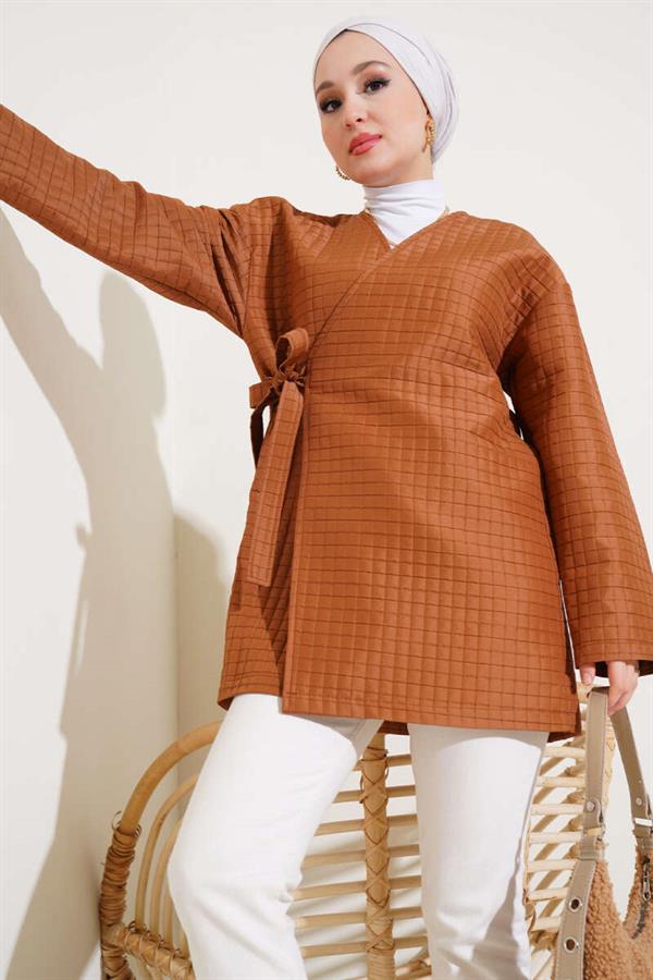 Side Tie Quilted Kimono Tan