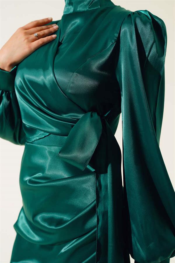 Side Tie Satin Dress Emerald