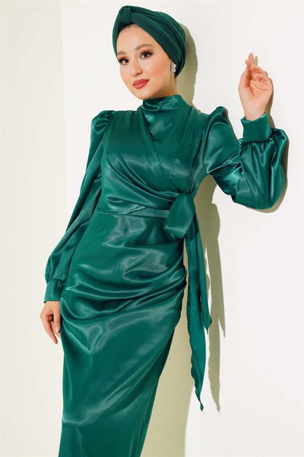 Side Tie Satin Dress Emerald