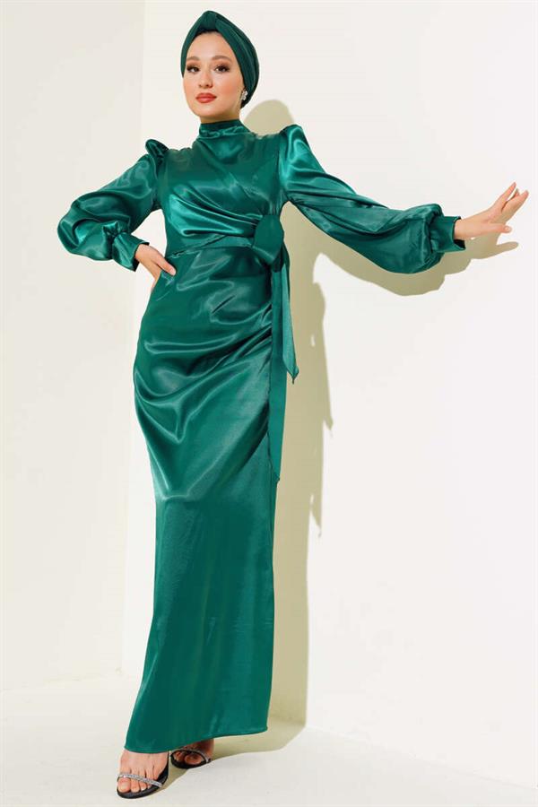 Side Tie Satin Dress Emerald