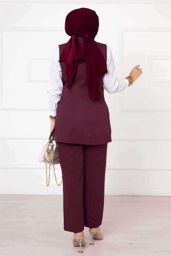 Side Tie Vest Set Claret Red