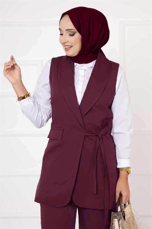 Side Tie Vest Set Claret Red