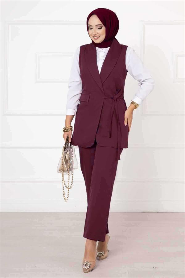 Side Tie Vest Set Claret Red