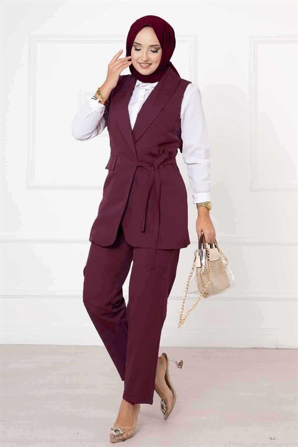 Side Tie Vest Set Claret Red