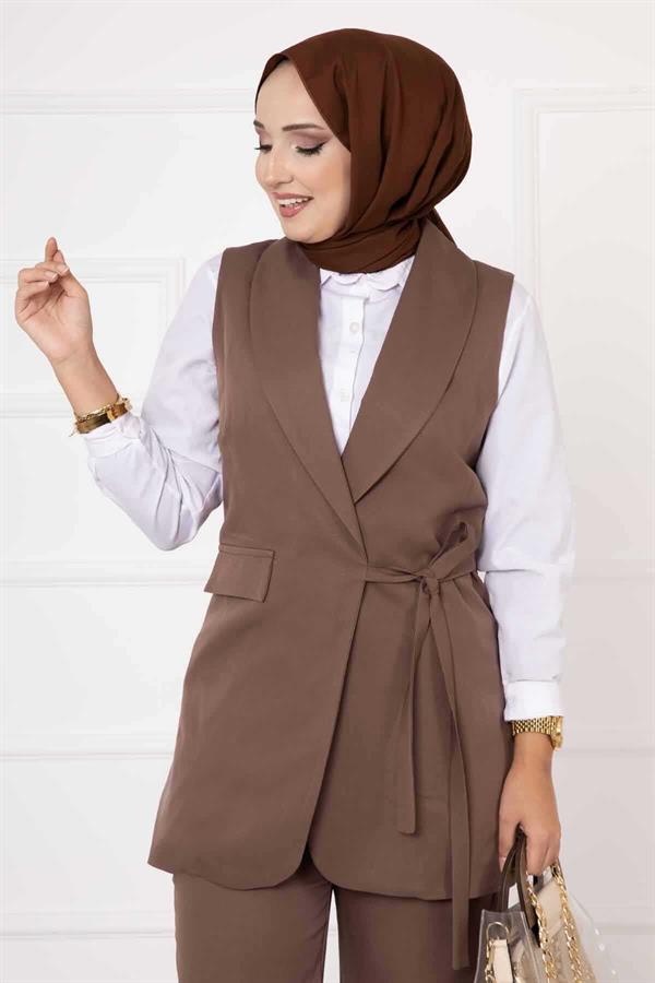 Side Tie Vest Set Brown