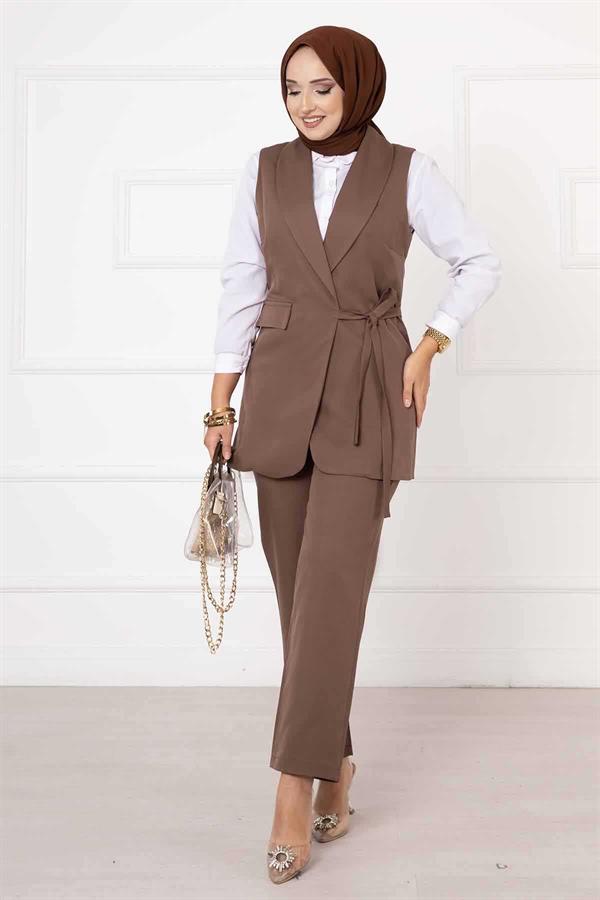Side Tie Vest Set Brown