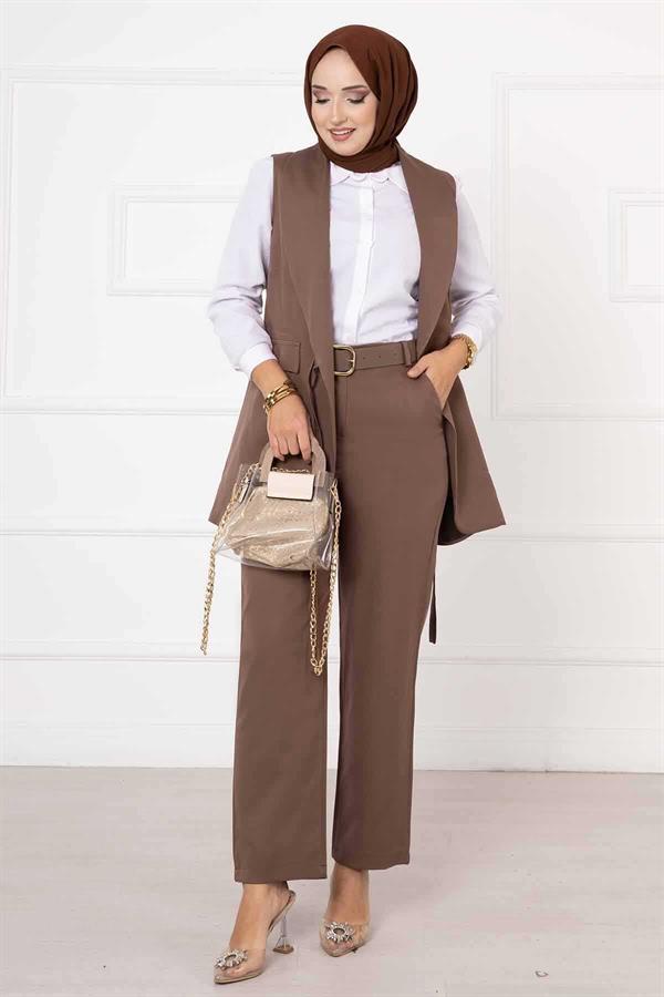 Side Tie Vest Set Brown