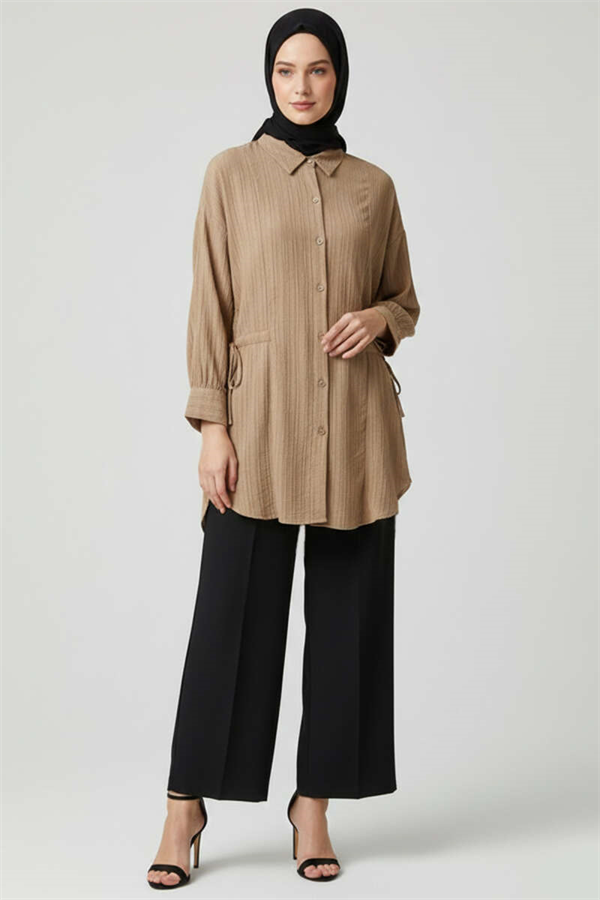 Side Gathered Crinkle Shirt, Beige
