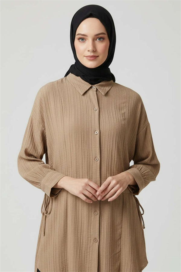 Side Gathered Crinkle Shirt, Beige
