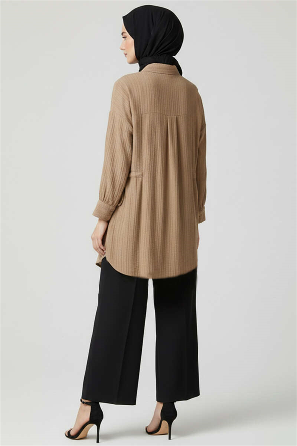 Side Gathered Crinkle Shirt, Beige