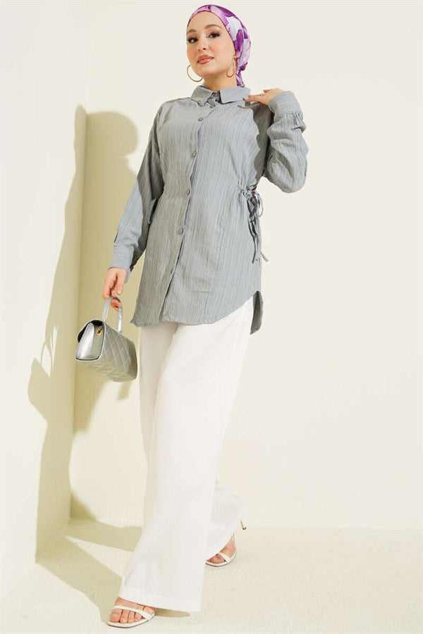 Side Gathered Crinkle Shirt Grey