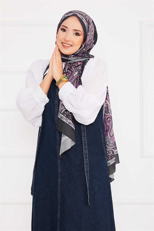 Side Pocket Hijab Denim Overall Dress Navy Blue
