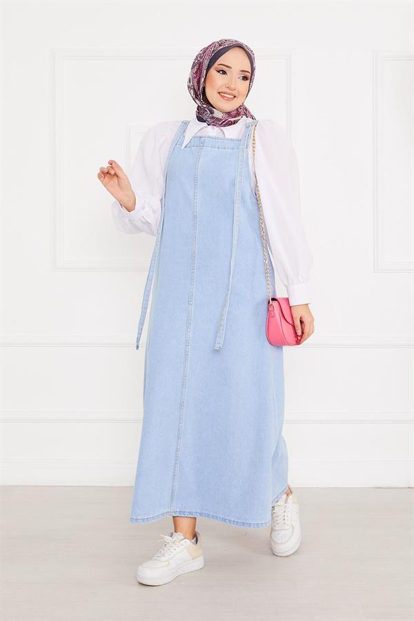 Side Pocket Hijab Denim Overall Dress Light Blue