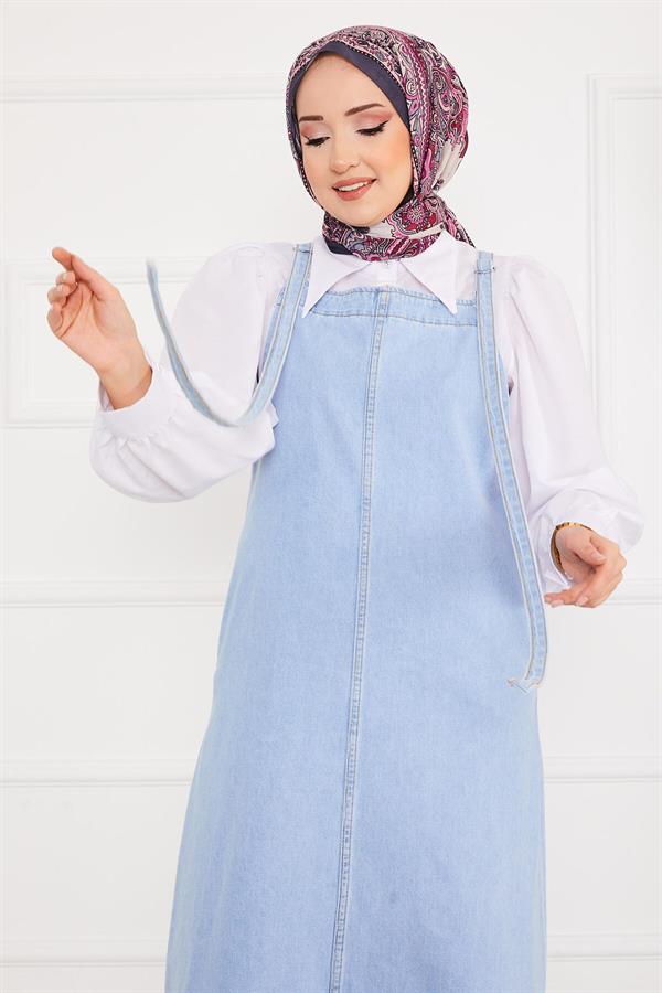 Side Pocket Hijab Denim Overall Dress Light Blue
