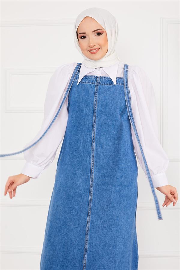 Side Pocket Hijab Denim Overall Dress Blue