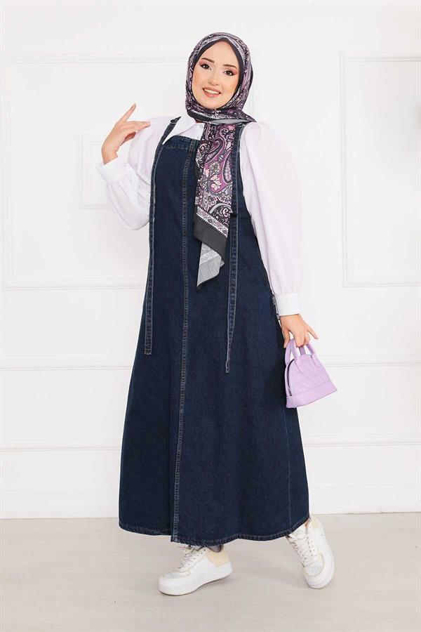 Side Pocket Hijab Denim Overall Dress Navy Blue