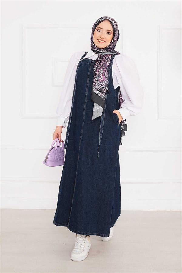 Side Pocket Hijab Denim Overall Dress Navy Blue
