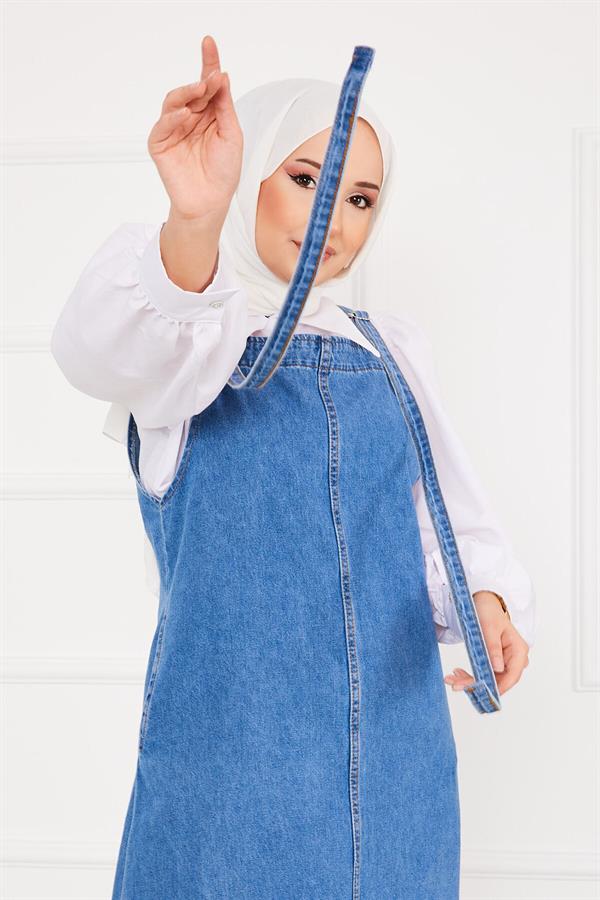 Side Pocket Hijab Denim Overall Dress Blue