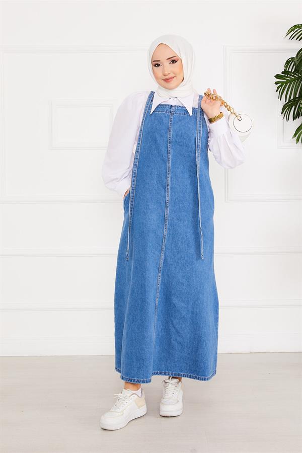 Side Pocket Hijab Denim Overall Dress Blue