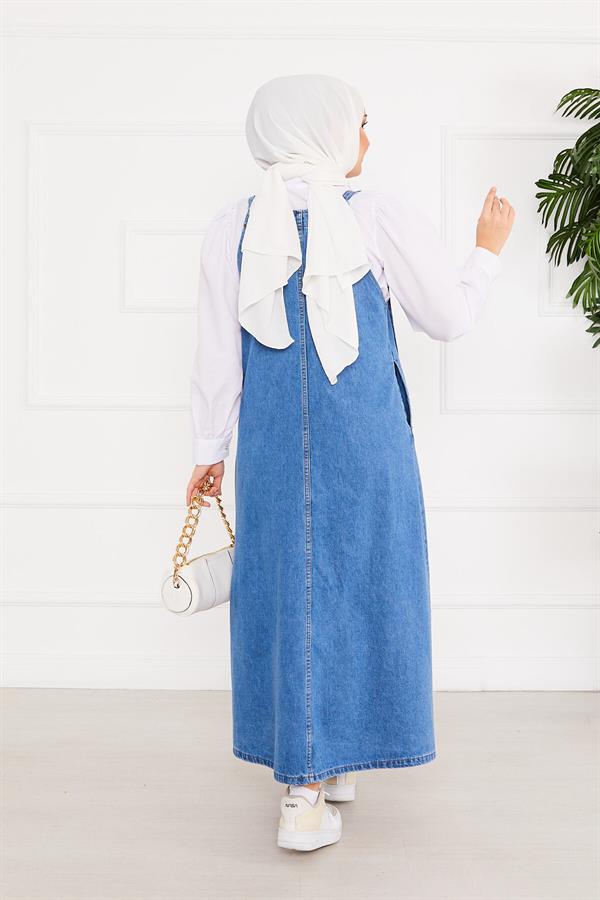 Side Pocket Hijab Denim Overall Dress Blue