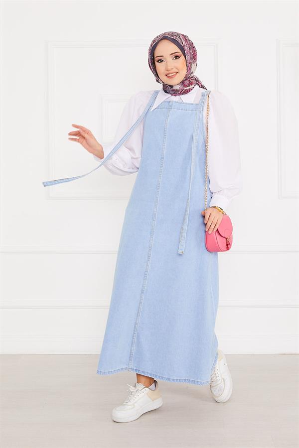 Side Pocket Hijab Denim Overall Dress Light Blue