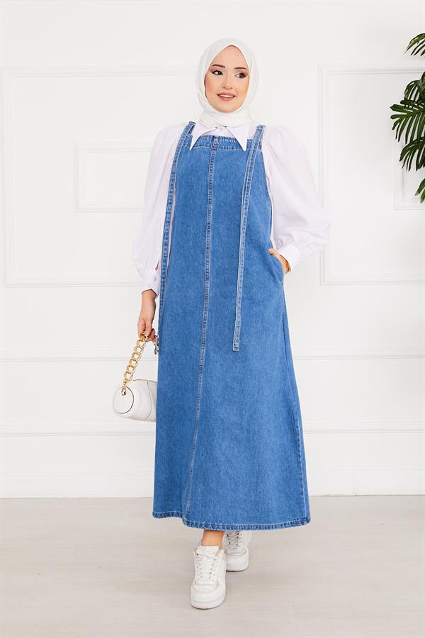 Side Pocket Hijab Denim Overall Dress Blue