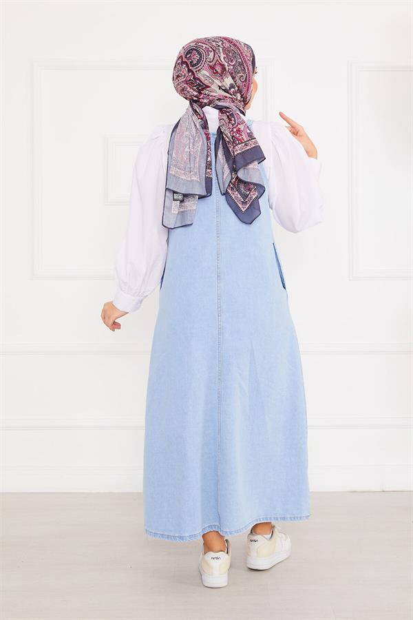 Side Pocket Hijab Denim Overall Dress Light Blue