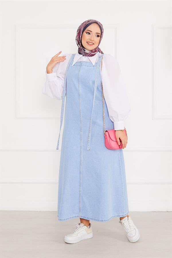 Side Pocket Hijab Denim Overall Dress Light Blue