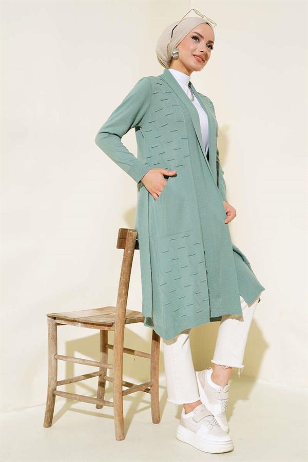 Side-stitched drawstring cardigan, mint green.