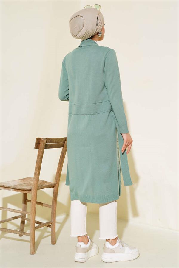 Side-stitched drawstring cardigan, mint green.