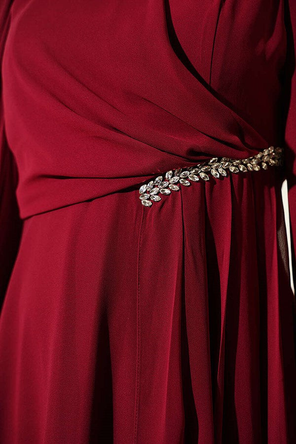 Side Draped Embellished Chiffon Evening Dress in Burgundy