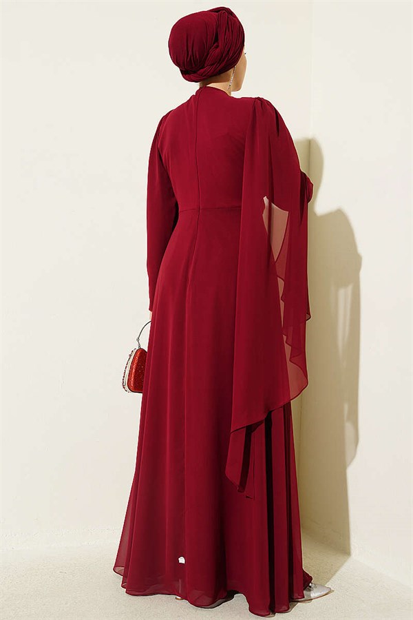 Side Draped Embellished Chiffon Evening Dress in Burgundy