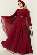 Side Draped Embellished Chiffon Evening Dress in Burgundy