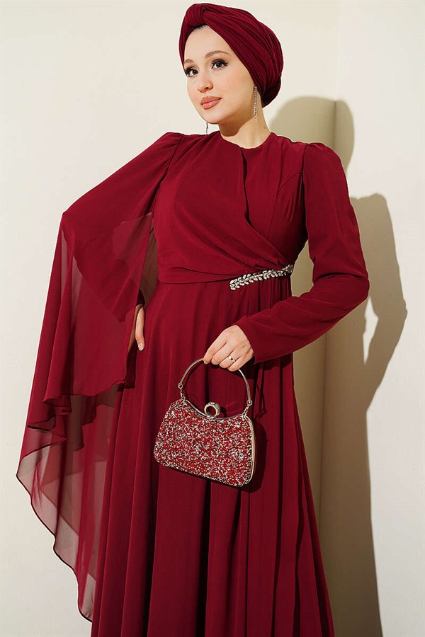 Side Draped Embellished Chiffon Evening Dress in Burgundy