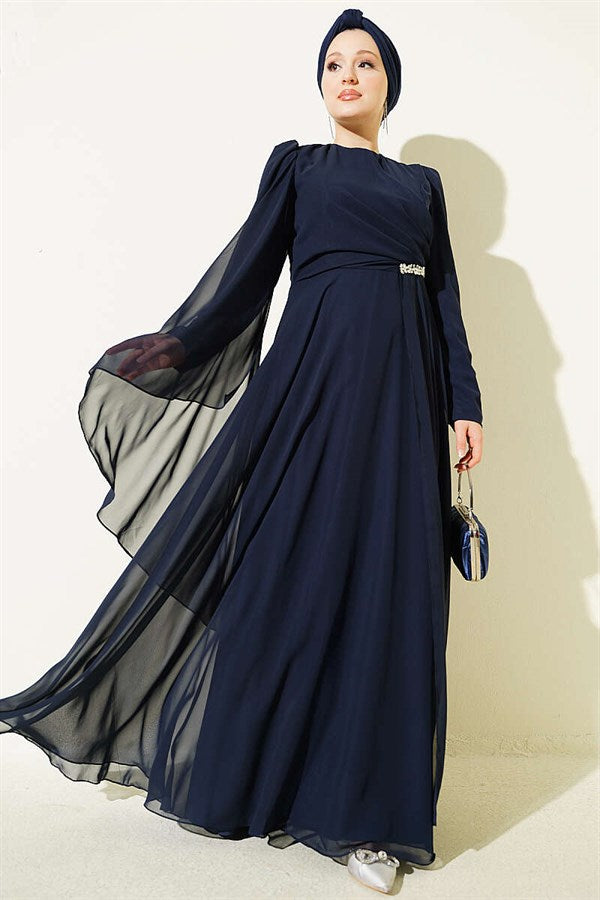 Side Draped Embellished Chiffon Evening Dress in Navy Blue