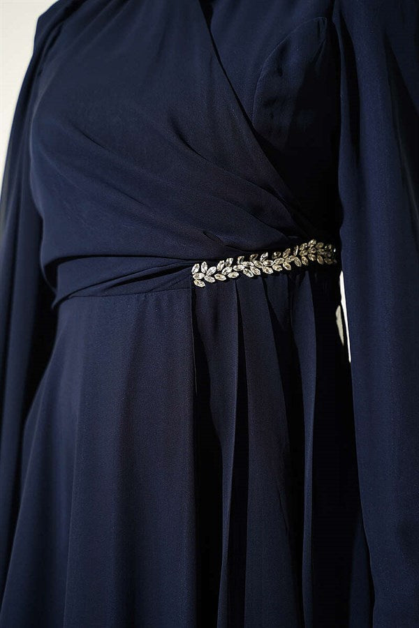 Side Draped Embellished Chiffon Evening Dress in Navy Blue