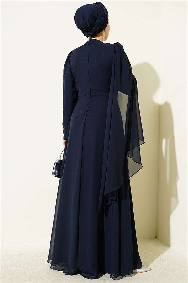 Side Draped Embellished Chiffon Evening Dress in Navy Blue