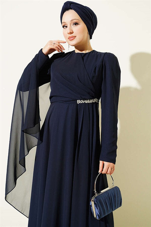 Side Draped Embellished Chiffon Evening Dress in Navy Blue